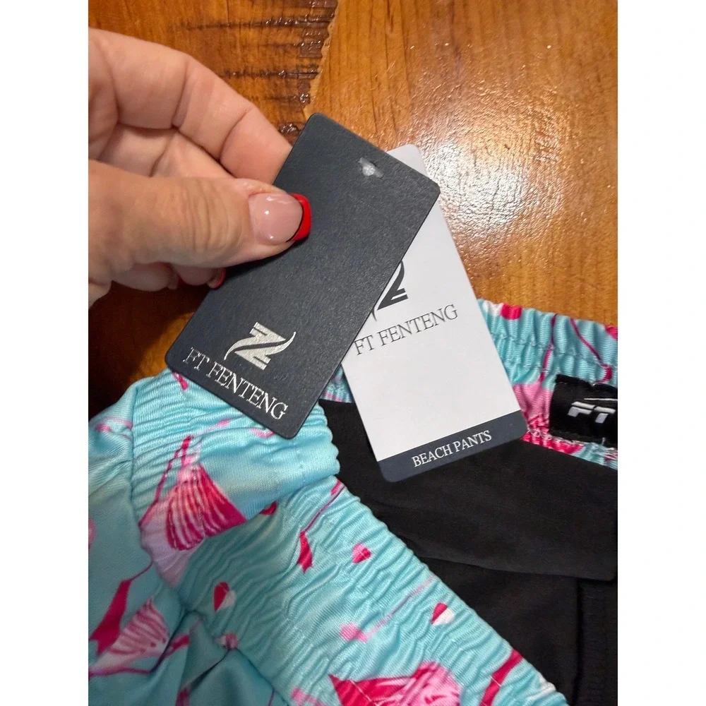 NWT FT Fenteng Flamingo Swim Trunks Men's Large Aqua Pink Quick Dry Beach